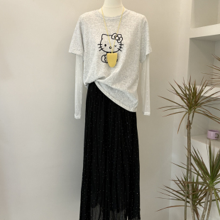无配饰 T恤 9549 26年夏上新可爱KT猫印花假两件波点蕾丝长袖 云