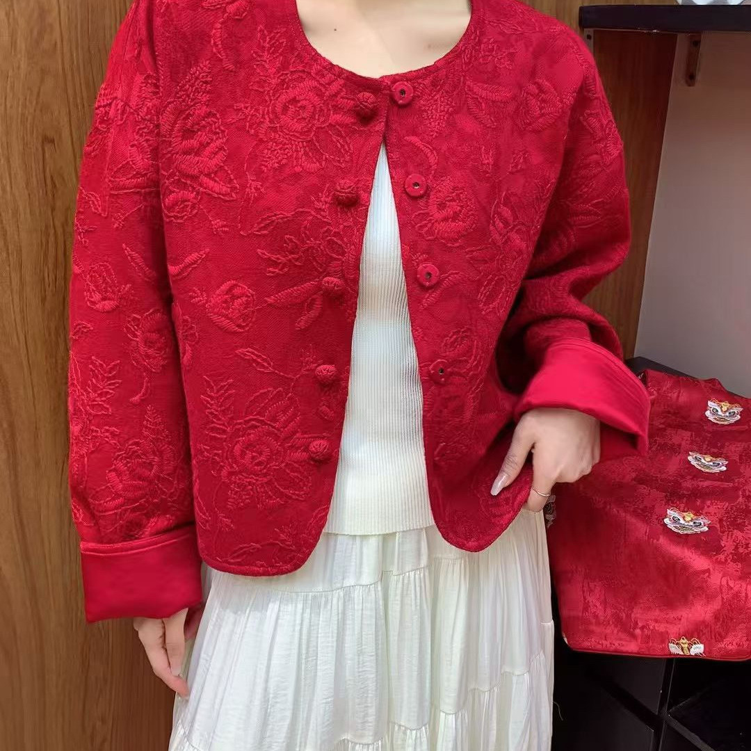 云朵设计钱新中式圆领山茶花重工刺绣宽松版棉麻短外套YS1-t522,女装/女士精品,时尚套装,淘宝优惠券,粉丝福利购,淘宝优惠卷