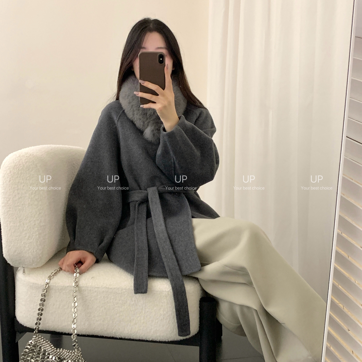 云朵丝山羊绒羊毛配狐狸毛领打腰带大衣羊毛外套（含80绵羊毛425