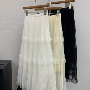 云朵26年春款法式A字裙摆高腰纱拼蕾丝花边纱裙半身裙26086
