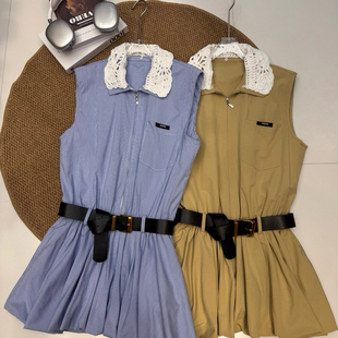 云朵设计师潮牌学院风领子蕾丝拼接拼色收腰连衣裙 Q352 配腰带