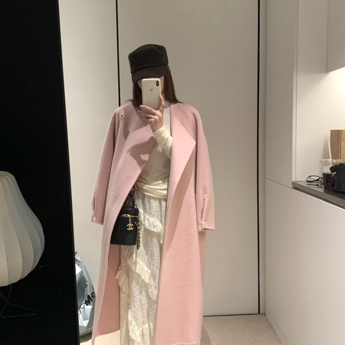 云朵大牌斜扣设计宽松显瘦遮肉长款羊毛外套（含100澳毛）C105218
