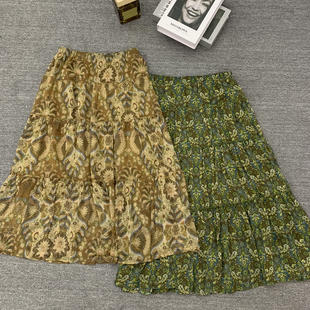 云朵26年夏上新轻奢印花压褶设计感中长款雪纺纱半身裙7851