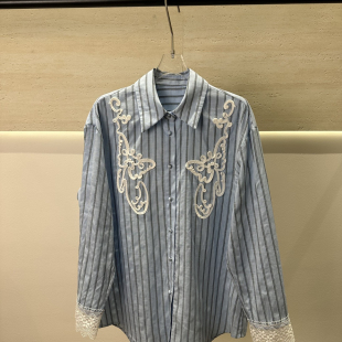 云朵夏上新水溶花拼接袖 X6098 条纹衬衣衬衫