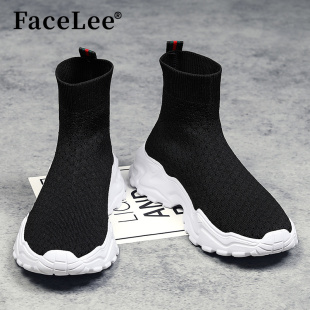 FaceLee袜子鞋子高帮男款秋季套脚休闲潮鞋大码飞织运动鞋男百搭
