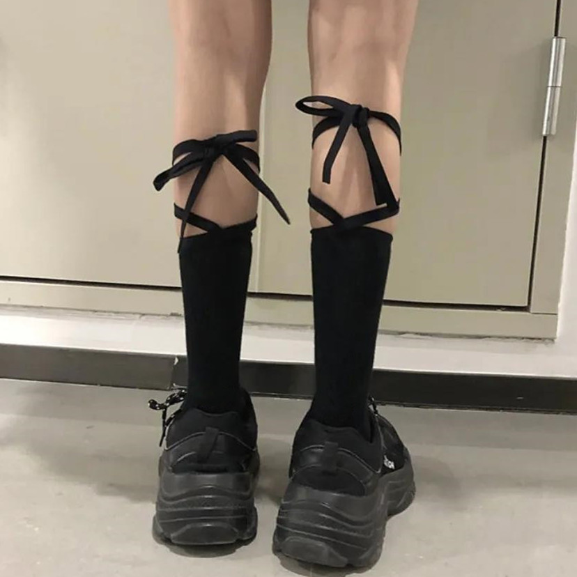 日系交叉小腿绑带袜黑色中筒女夏季配老爹鞋凉鞋系带长袜子潮