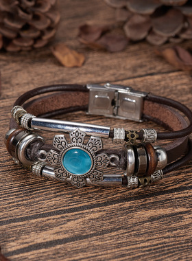 热销欧美复古民族风手镯花朵绿松石管状珠子三层串珠皮革手链