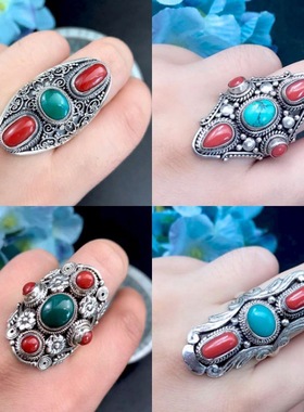 尼泊尔风格高档珊瑚石复古戒指镶嵌绿松石指环藏式首饰品新款时尚