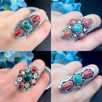 尼泊尔风格高档珊瑚石复古戒指镶嵌绿松石指环藏式首饰品新款时尚