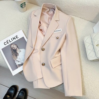 淡粉色气质学院风西装外套女2024春秋新款休闲百搭小个子短款西服