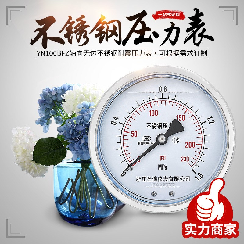 YN100ZBF不锈钢耐震压力表轴向无边100mm抗震油液水气压表M20*1.5