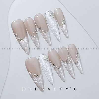 C+珍珠贝母 亚文化新款欧美高级中长款重工美甲穿戴甲手工甲片