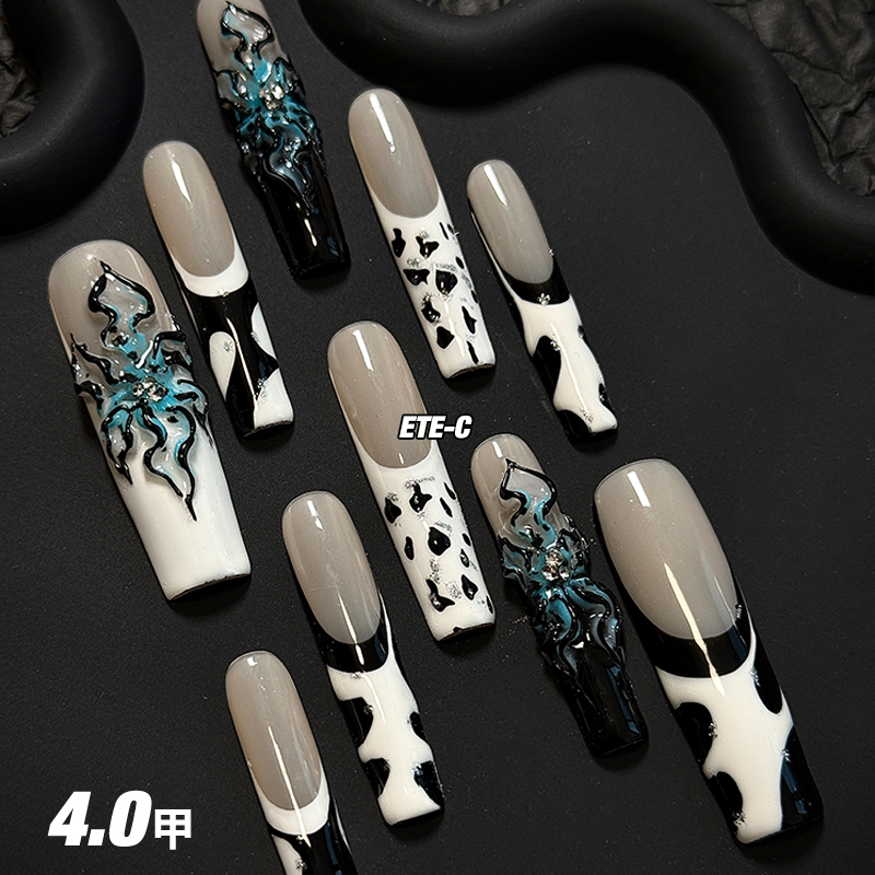 C+恶魔之花 美甲穿戴甲雕花捏花立体蓝色手工手绘辣妹设计4.0加长