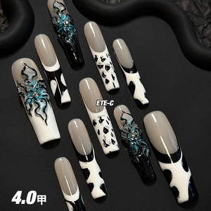 C+恶魔之花 美甲穿戴甲雕花捏花立体蓝色手工手绘辣妹设计4.0加长