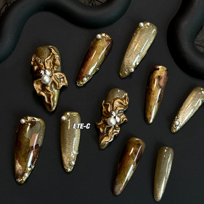 C+美拉德花卉 重工新款亚文化高级欧美中长款美甲穿戴甲雕花手工