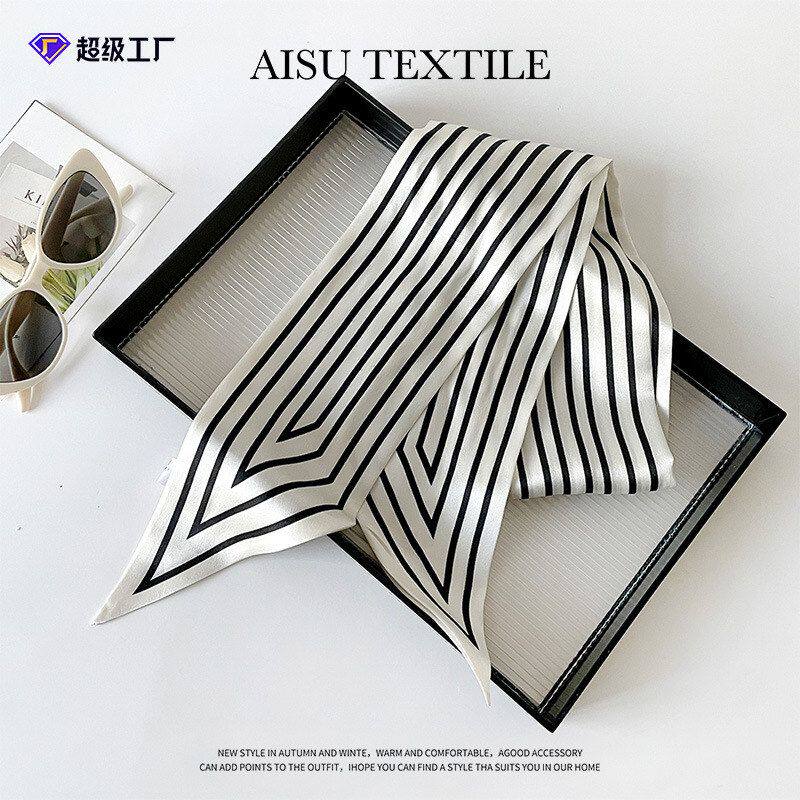 定制logo黑白条纹飘带真丝丝巾女长条系脖细窄围巾小长条礼盒装