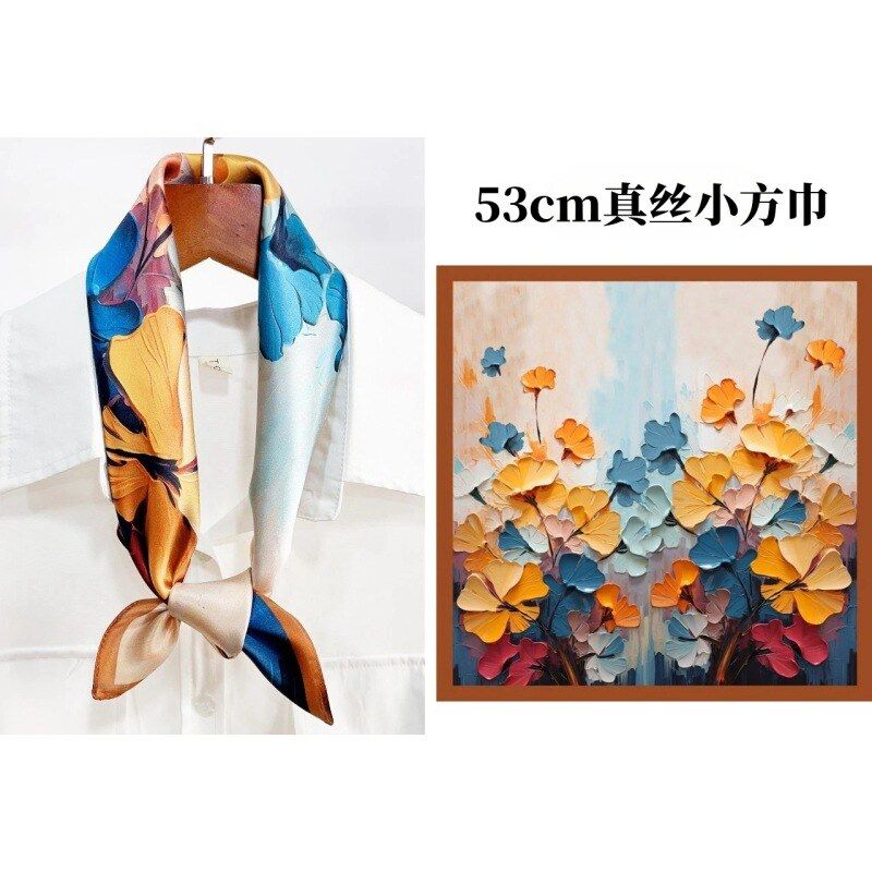 春夏新款真丝小方巾女国风印花