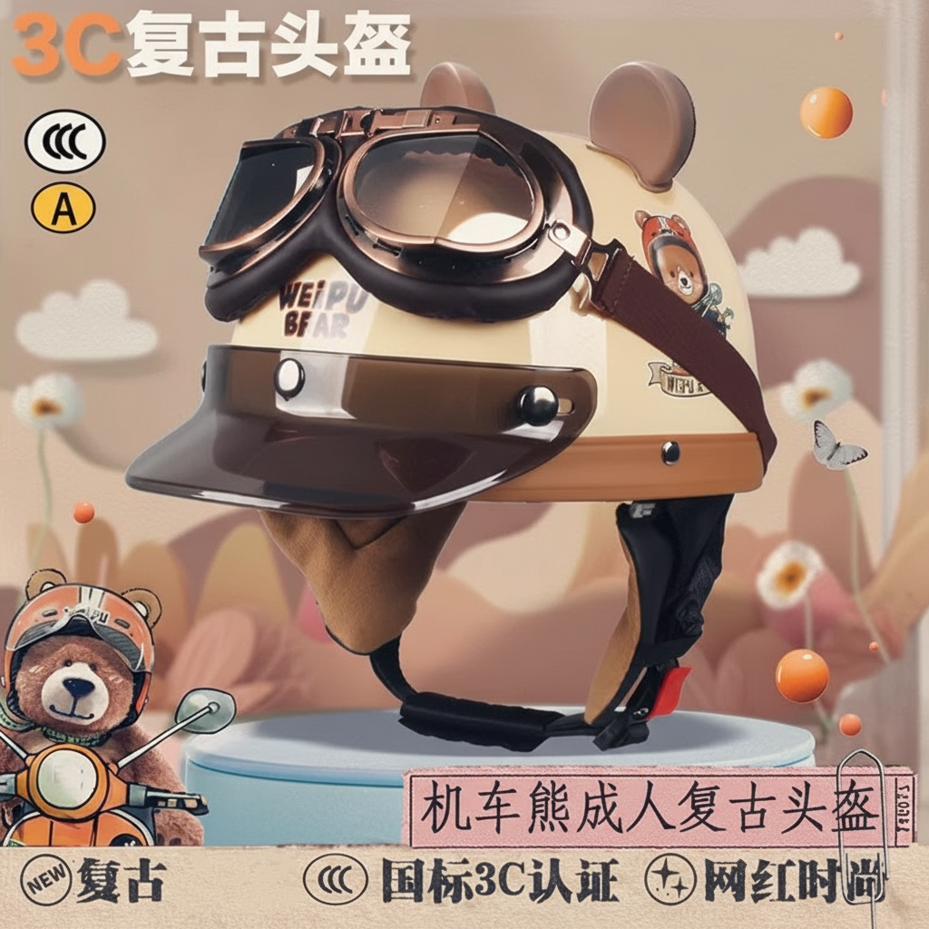 德国3C认证摩托车头盔儿童四季通用半盔夏季防晒电瓶车复古安全帽