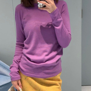 桑蚕丝羊绒混纺 上衣罩衫 紫色圆领长袖 针织衫 女 薄款 米米高定