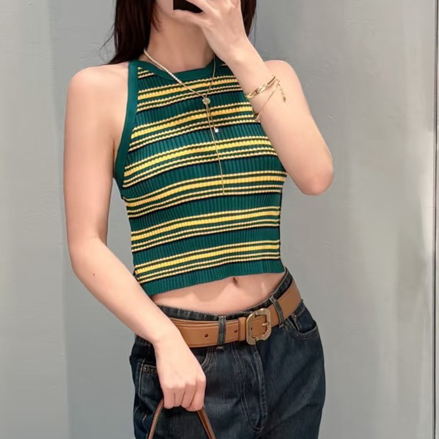 棉线后背绑带露背条纹针织吊带女