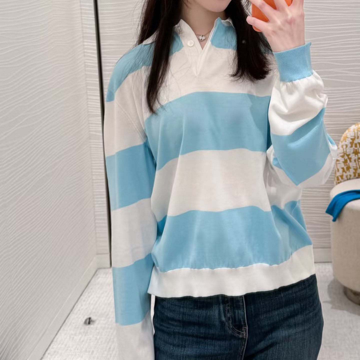 棉线休闲风翻领条纹针织POLO衫女