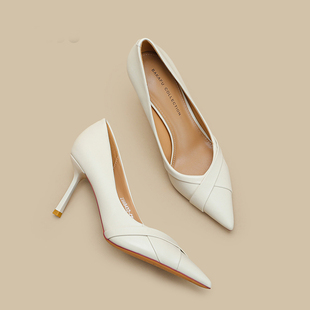 米白色高跟鞋女7cm细跟礼仪软皮不累脚气质高级感时尚成人礼单鞋