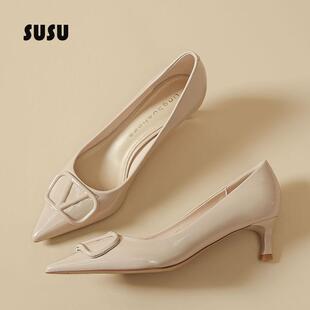 裸色高跟鞋女细跟尖头漆皮矮跟4厘米软皮不累脚小码单鞋女313233