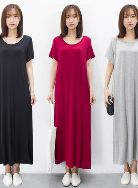 莫代尔连衣裙女夏季中长款黑色短袖T恤长裙圆领打底裙子薄款A字裙