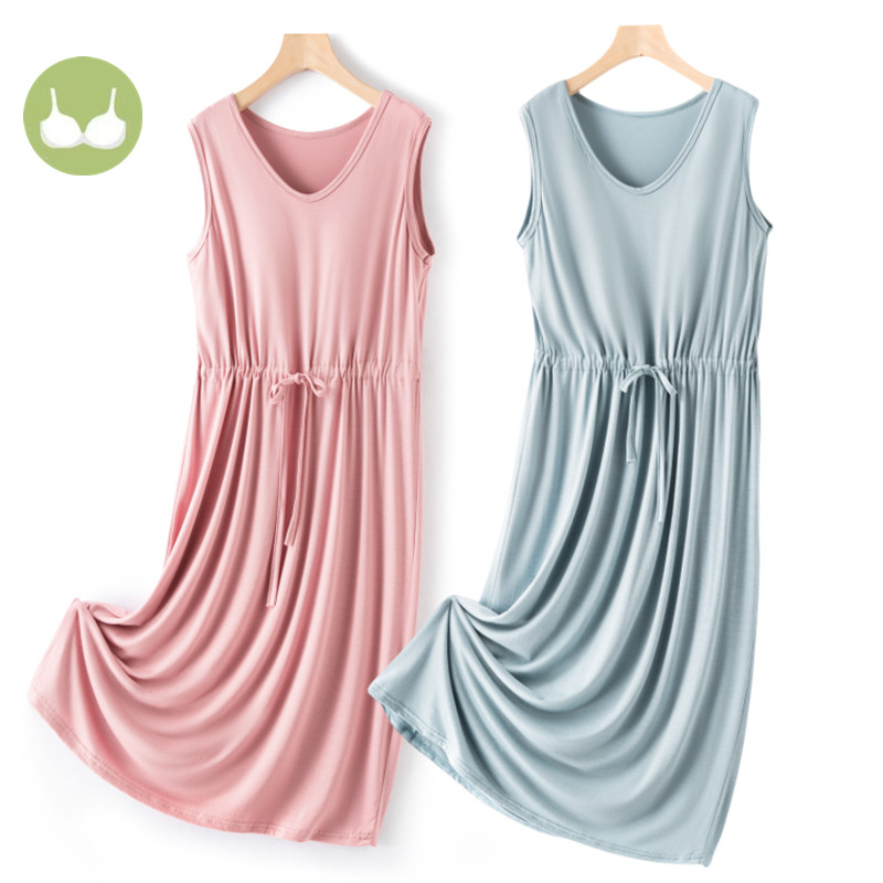 带胸垫一体式莫代尔睡裙家居裙女夏季可外穿连衣裙宽松百褶背心裙