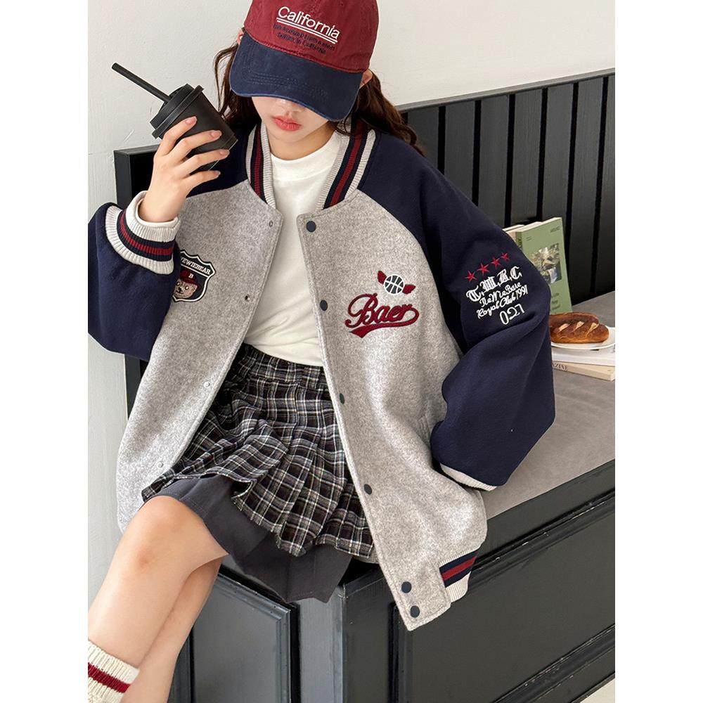 女童棒球服2025冬装新款儿童加厚夹棉毛呢外套女大童宽松刺绣上衣