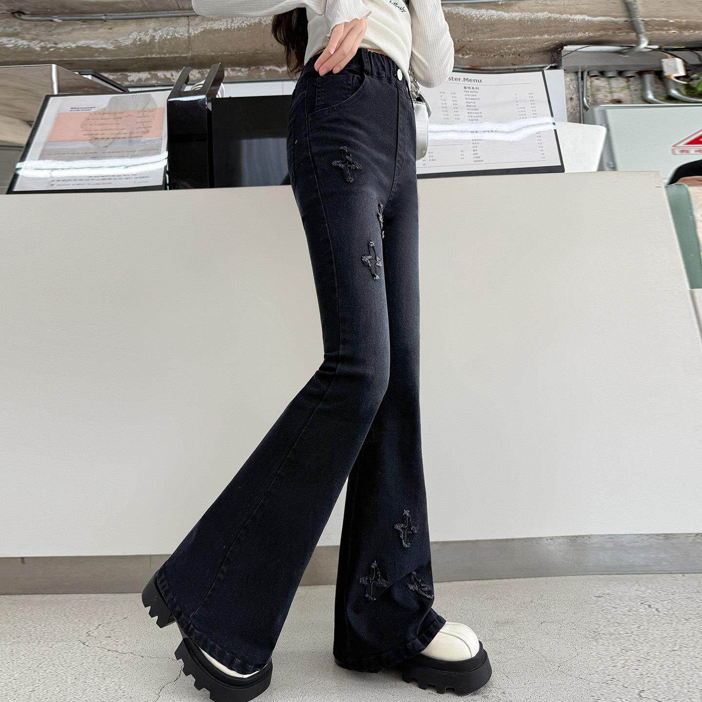 女童牛仔裤2025新款春秋款儿童喇叭裤黑色女孩微喇长裤子大童秋装