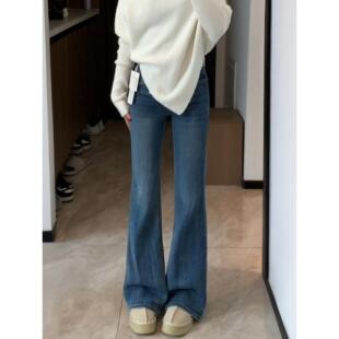 梨型身材微喇弹力牛仔裤女秋季新款胖妹妹mm高腰显瘦直筒喇叭裤子