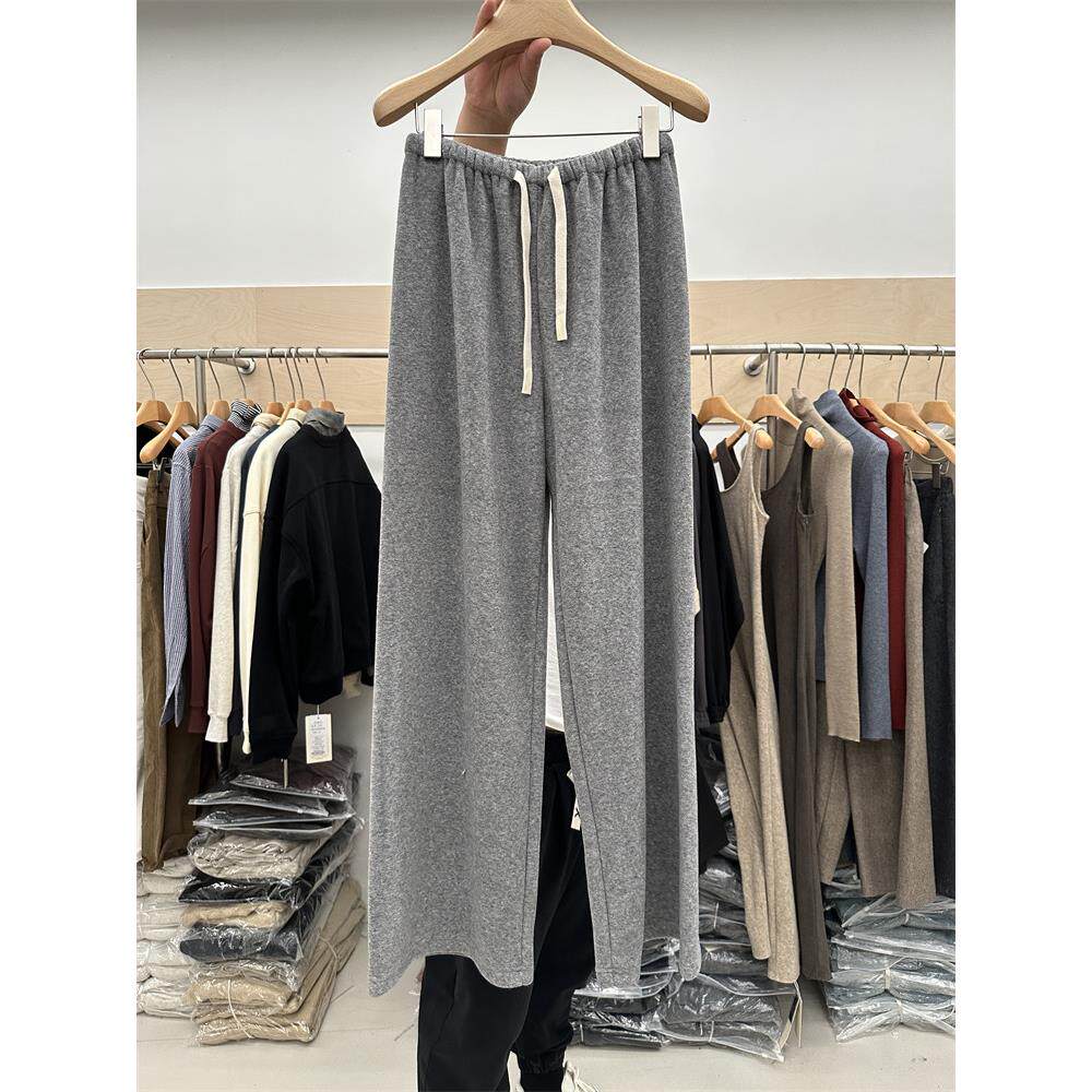 高级感灰色直筒阔腿裤女拖地裤秋冬季加绒宽松毛巾裤休闲垂感长裤