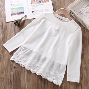 女童T恤长袖中长款春秋装儿童白色蕾丝花边打底衫女孩内搭上衣