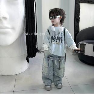 男童痞帅套装春秋季2025新款韩版儿童假两件卫衣宝宝破洞牛仔裤潮