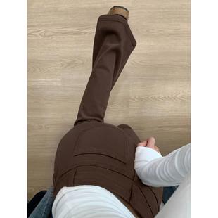 咖啡色微喇牛仔裤女秋冬加绒胖妹妹mm高腰弹力显瘦直筒喇叭裤子潮