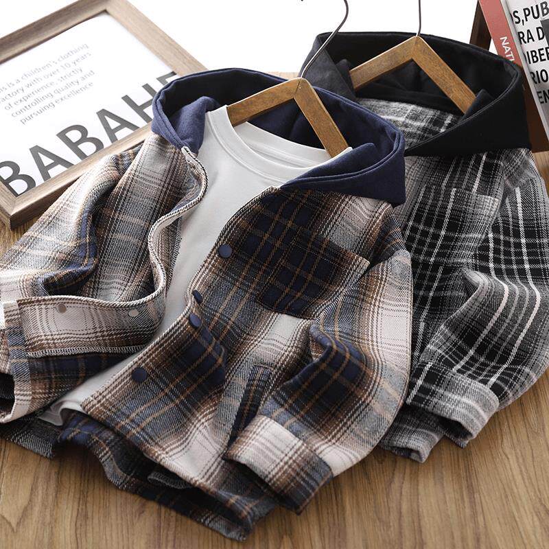 男童连帽外套衬衫2025春装新款中大童帅气格子上衣学生版春秋卫衣