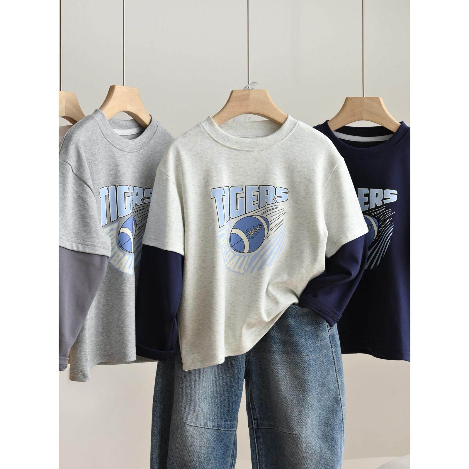 7抗菌儿童假两件套t恤男孩橄榄球长袖休闲底裤衬衫中大号儿童服装