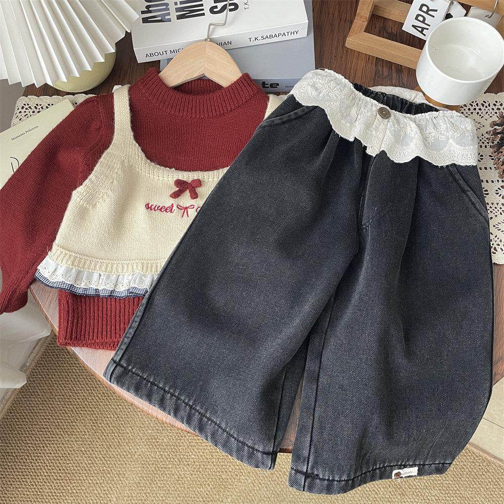 秋冬女童蕾丝花边加绒牛仔直筒裤宝宝加厚阔腿裤一体绒裤子儿童女