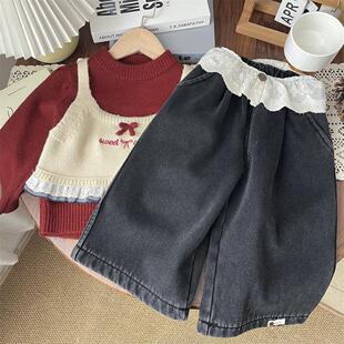 秋冬女童蕾丝花边加绒牛仔直筒裤宝宝加厚阔腿裤一体绒裤子儿童女