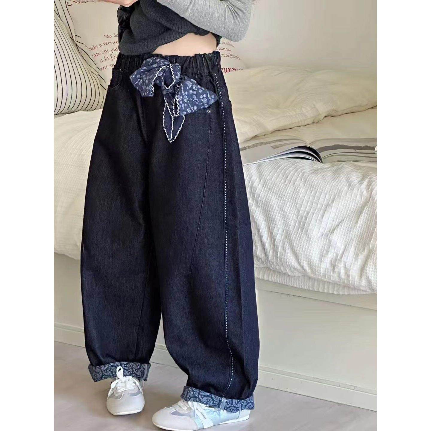 女童装花纹翻边牛仔裤新款秋季女孩百搭弯刀休闲裤宽松直筒长裤子,童装/婴儿装/亲子装,儿童牛仔裤,淘宝优惠券,粉丝福利购,淘宝优惠卷