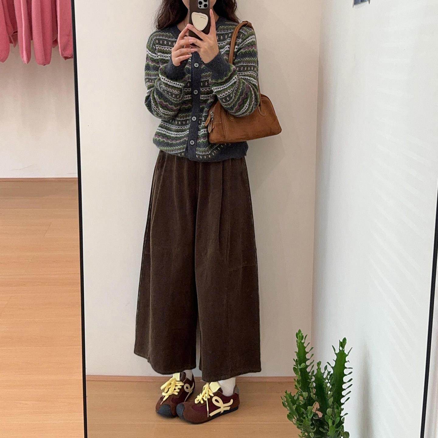 复古灯芯绒裤子女大码高腰宽松九分阔腿裤胖妹妹mm小个子百搭裤裙