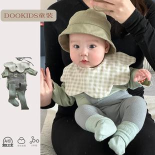 ins韩版春秋季婴儿无骨坑条哈衣男女宝宝高腰护肚弹力举重裤套装