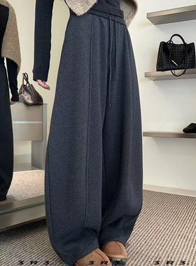 加绒阔腿裤女2025冬新款韩版松紧腰加厚弯刀裤休闲卫裤长裤66365