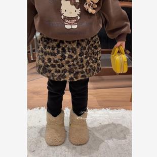 Spring韩国童装2025秋冬新款宝宝豹纹毛毛可爱裙裤女童加绒打底裤