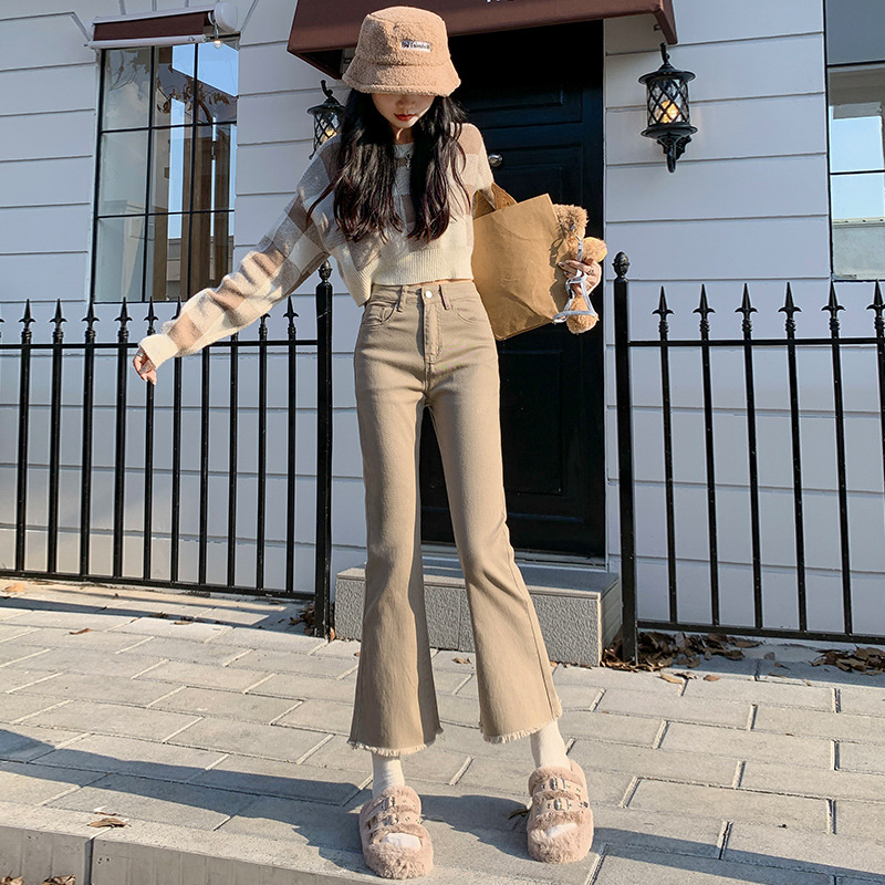 UC奶茶色牛仔微喇裤女早