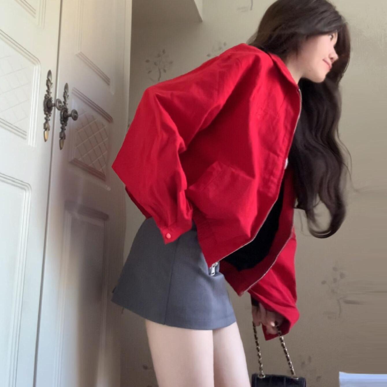 红色哈灵顿外套女早秋2025美式宽松复古基础通勤男女款百搭夹克潮