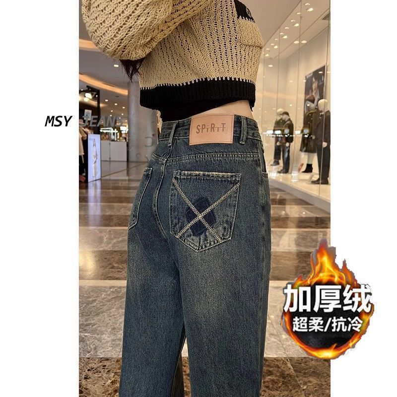 UC年秋冬季阔腿加绒牛仔