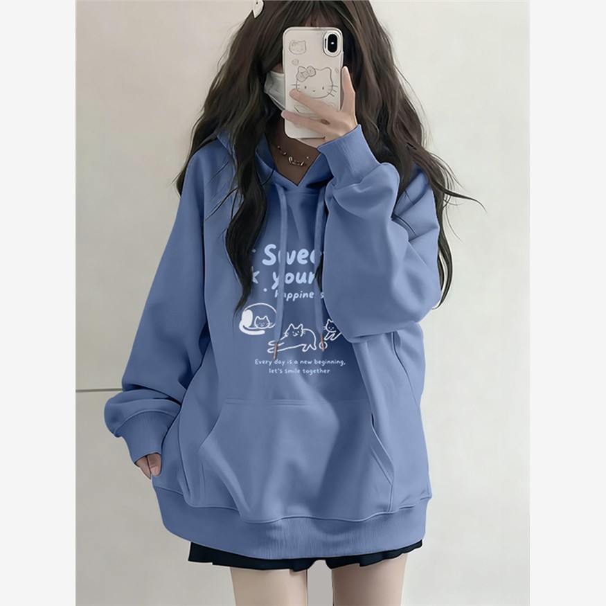 雾霾蓝秋冬加绒加厚连帽卫衣女春秋款初中高中学生设计感小众上衣