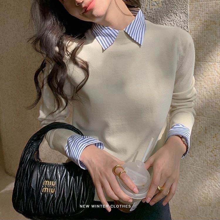 UC新款拼接衬衫领针织衫